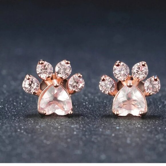 New Rose Gold Paws Zircon Stud Earrings - Picture 3 of 5